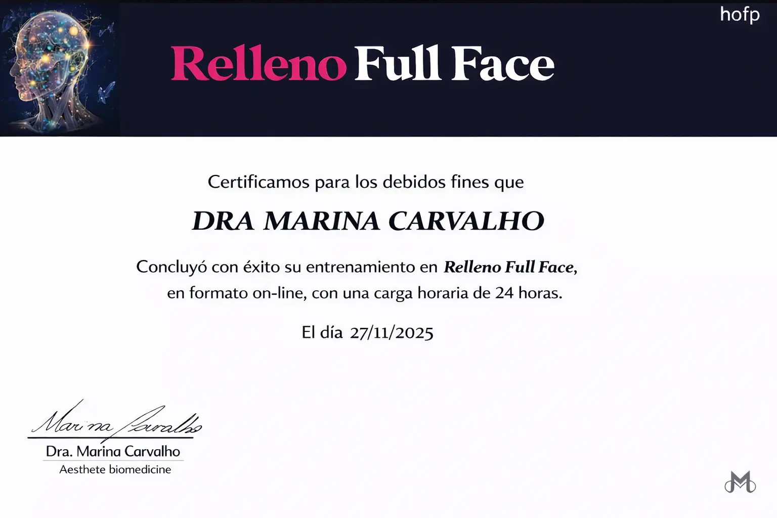 Certificado del curso Relleno Full Face